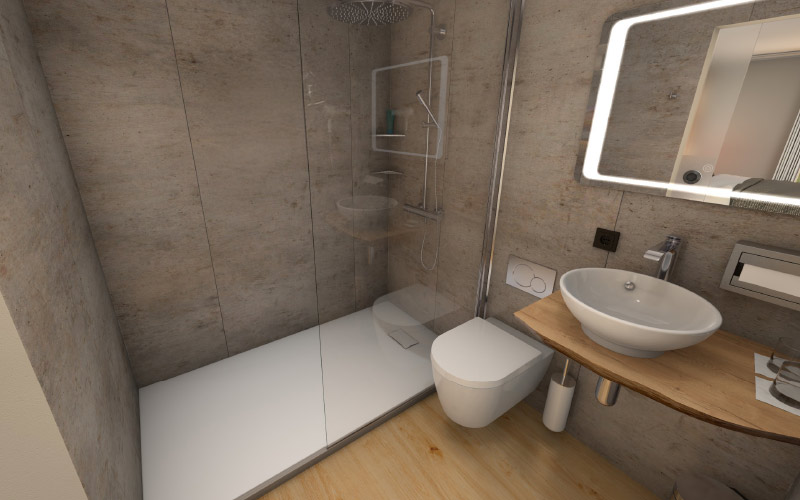 Dusche mit großformatigen Wandpaneelen in Steinoptik und Echtglas-Trennwand