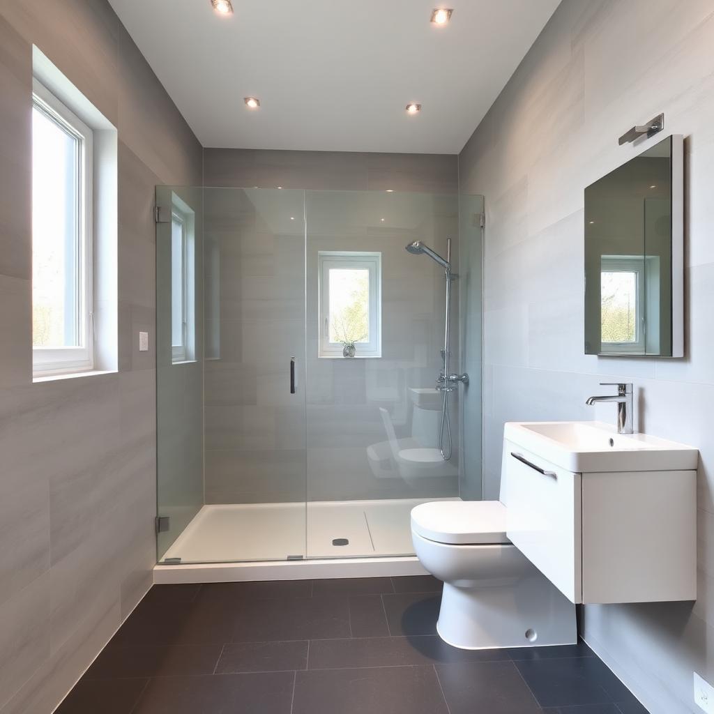 Nachher: barrierefreie Walk-in-Dusche in Steinoptik